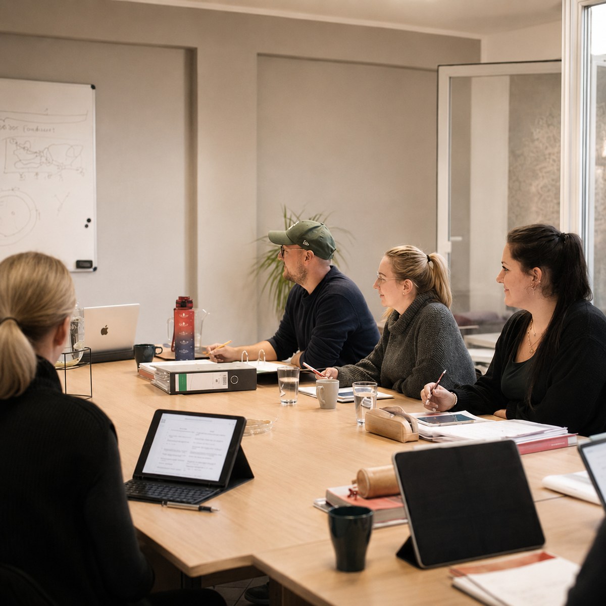 Teilnehmende im Austausch am Tisch mit Unterlagen und Laptops